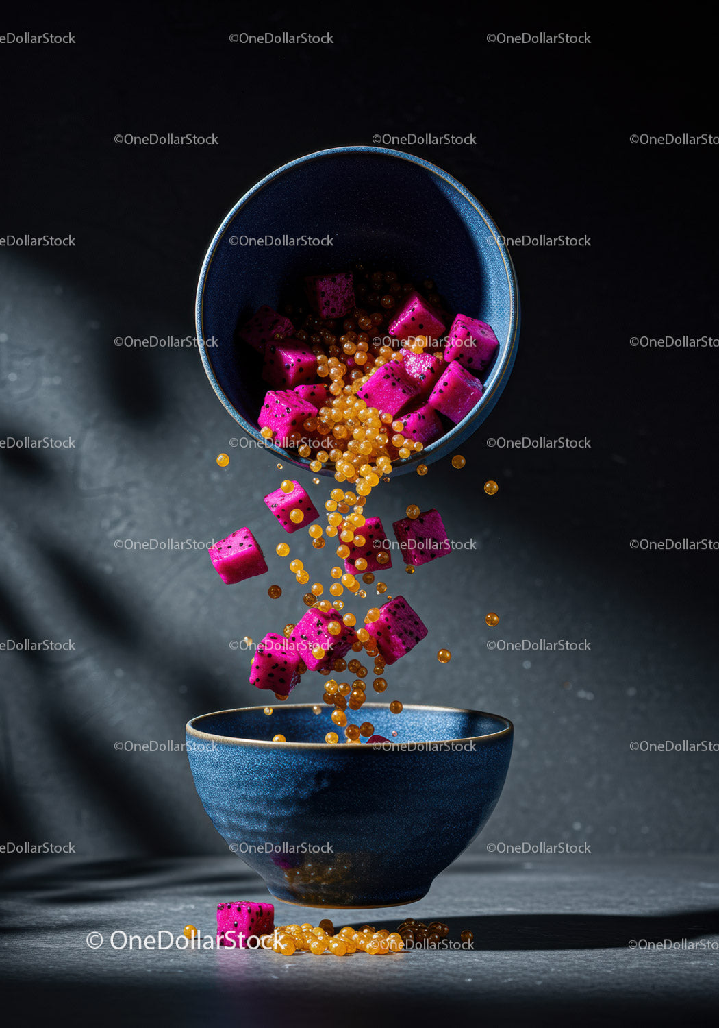 Vibrant dragon fruit cubes and pearls pouring into bowl