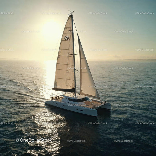 Luxury Sailing Yacht Cruising on Calm Ocean at Sunset