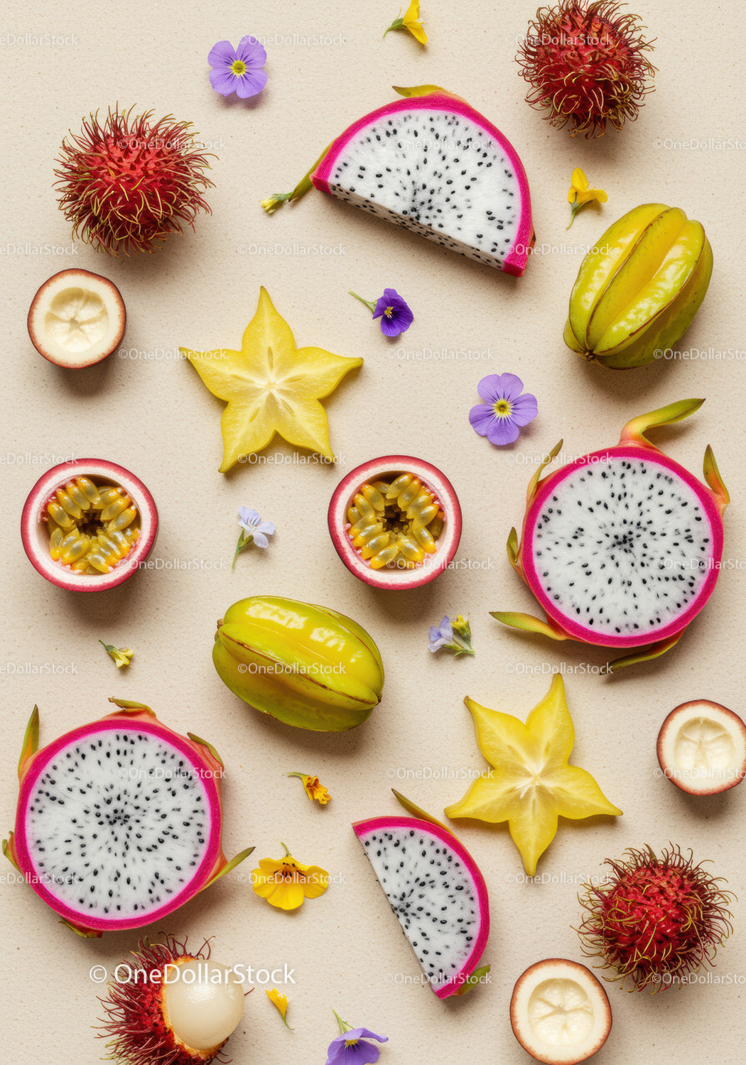 Assortment of vibrant tropical fruits and delicate flowers