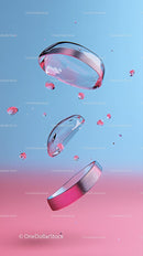 Floating Metallic Coins with Water Droplets in Abstract Pink and Blue Background