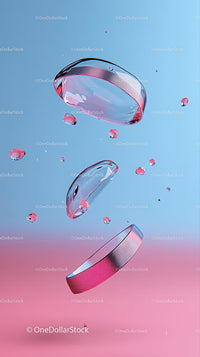 Floating Metallic Coins with Water Droplets in Abstract Pink and Blue Background