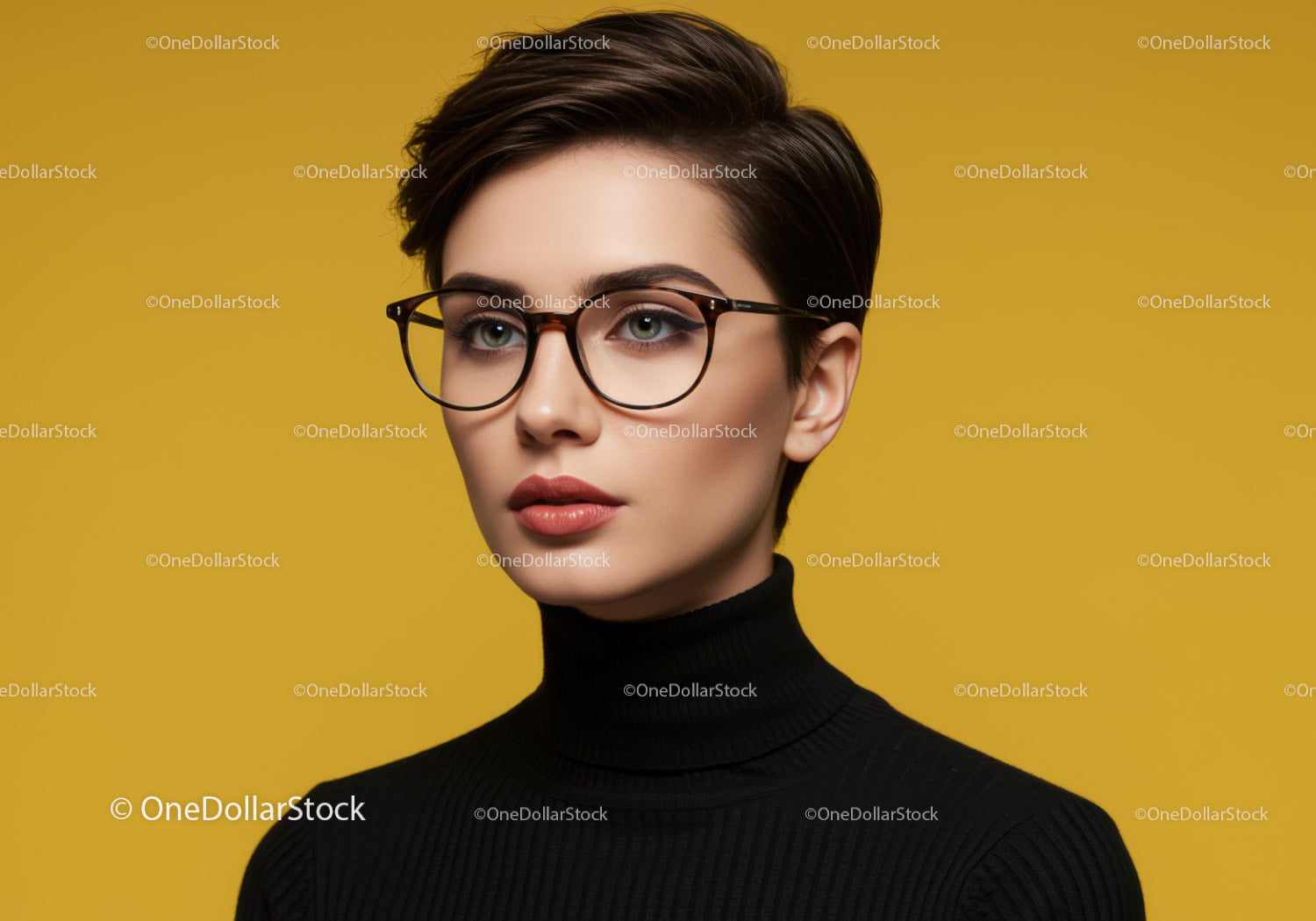 Stylish Woman in Black Turtleneck and Eyeglasses Portrait