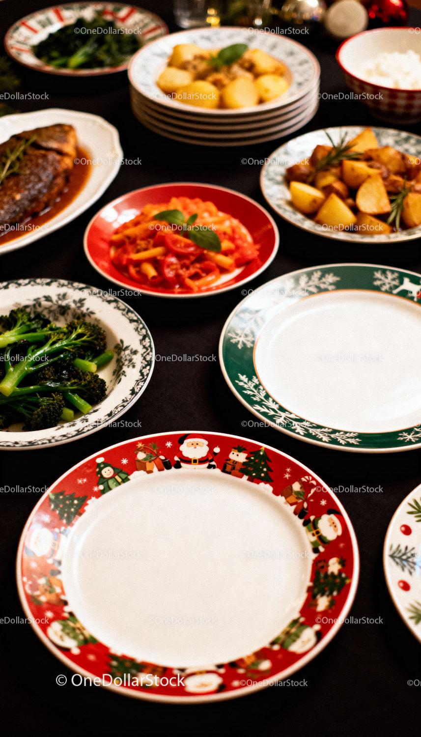 Festive holiday table setting with vibrant dishes