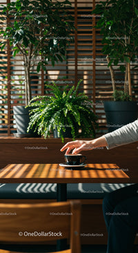 Hand Holding Coffee Cup in a Cozy Cafe Surrounded by Plants