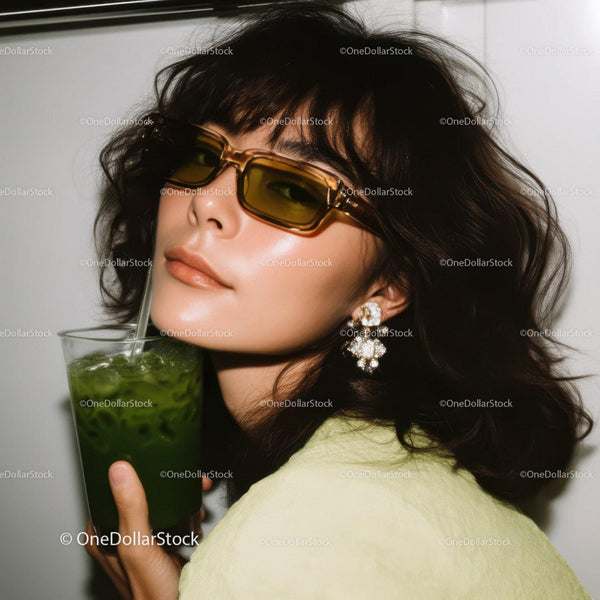 Glamorous Woman Wearing Stylish Sunglasses and Holding Green Cocktail