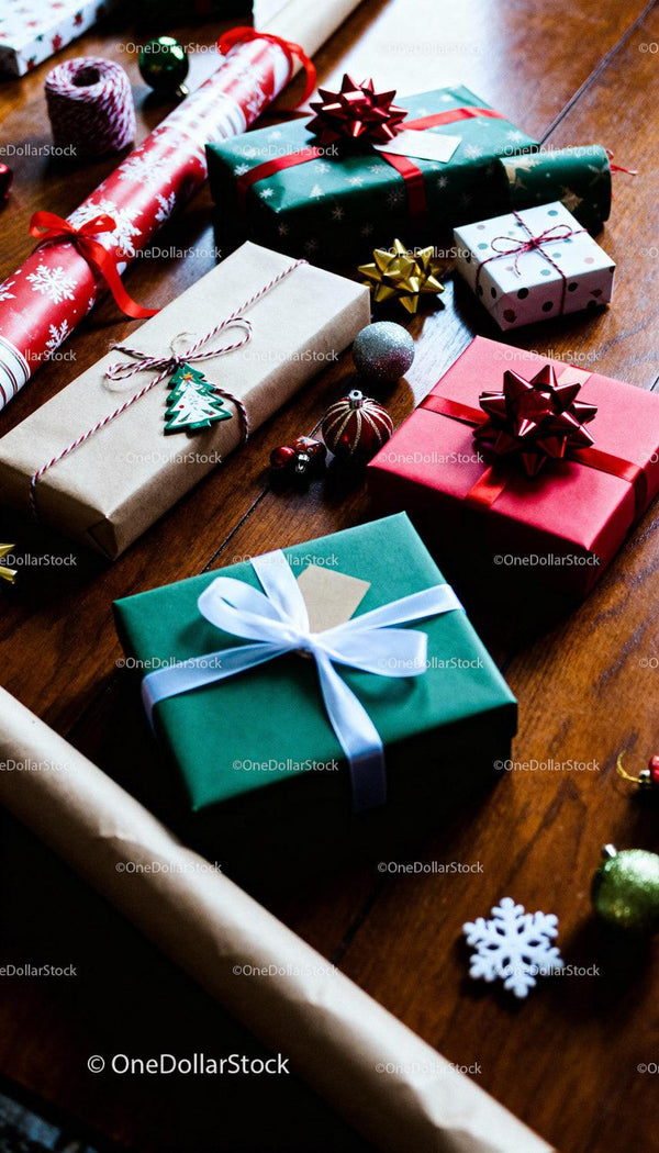 Holiday Gift Wrapping with Festive Decorations on Wood