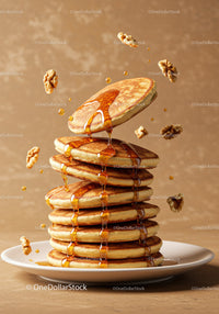Stack of fluffy pancakes dripping with maple syrup