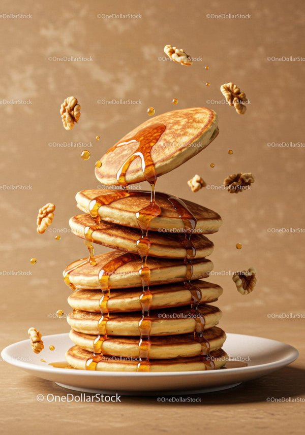 Stack of fluffy pancakes dripping with maple syrup