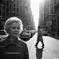 Elderly Woman Walking Alone in Busy City Street Black and White