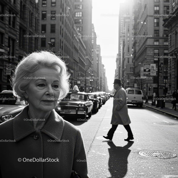 Elderly Woman Walking Alone in Busy City Street Black and White