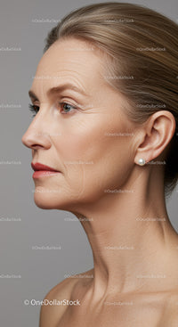 Elegant Mature Woman Profile with Pearls and Brown Hair
