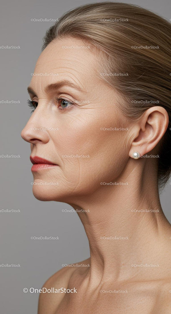 Elegant Mature Woman Profile with Pearls and Brown Hair