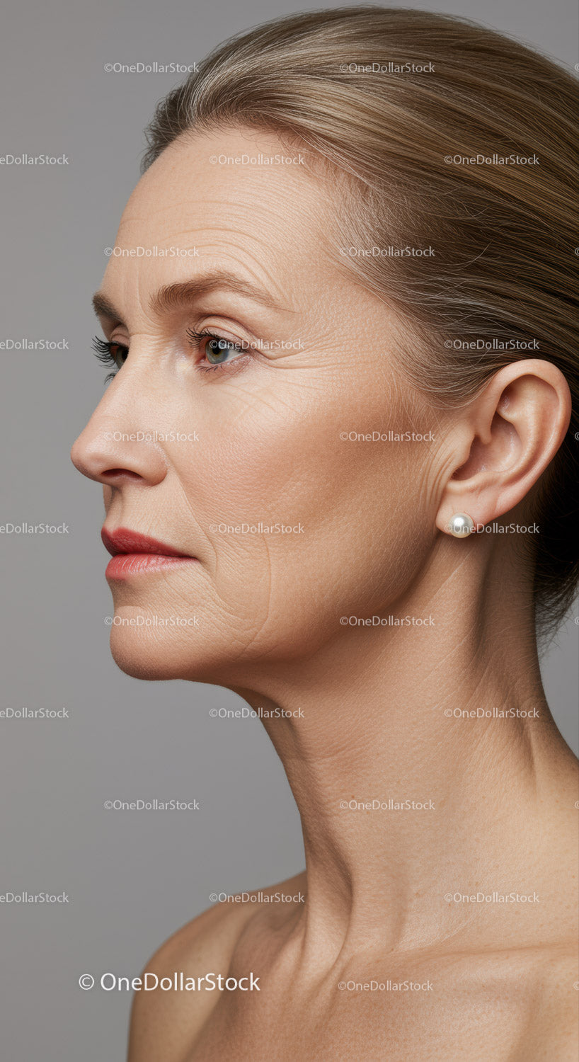 Elegant Mature Woman Profile with Pearls and Brown Hair