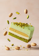 Layered pistachio mousse cake with crunchy nuts