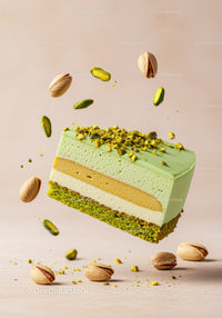 Layered pistachio mousse cake with crunchy nuts