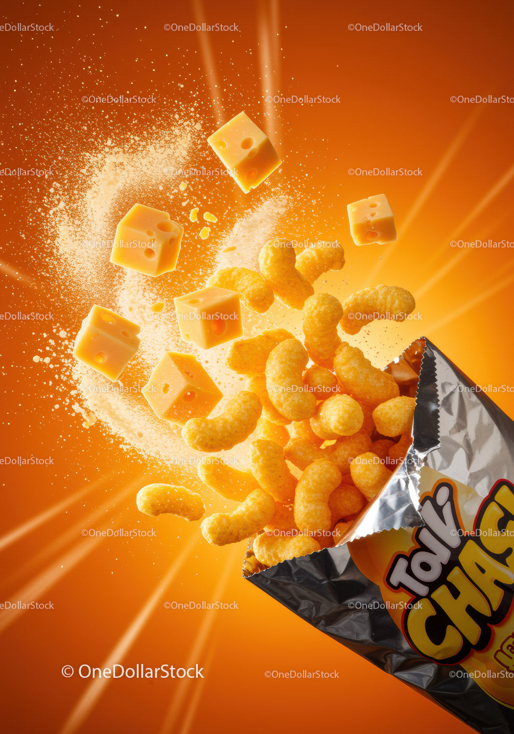Crunchy cheese puffs bursting from a snack bag
