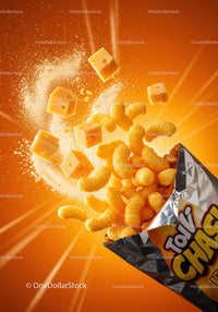 Crunchy cheese puffs bursting from a snack bag