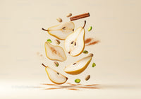 Sliced pears with cinnamon and pistachios floating in air