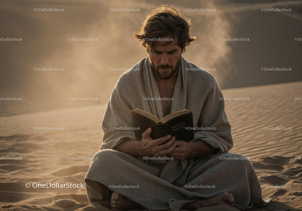 Man Sitting Alone in Desert Reading a Book During Sunset