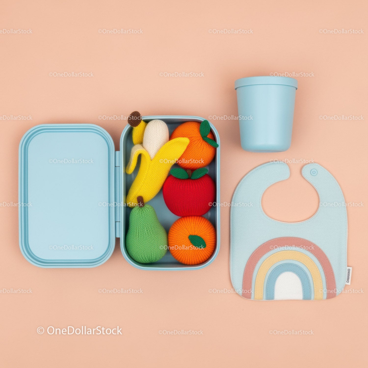 Knitted Fruit Set in Blue Lunchbox with Baby Bib and Cup