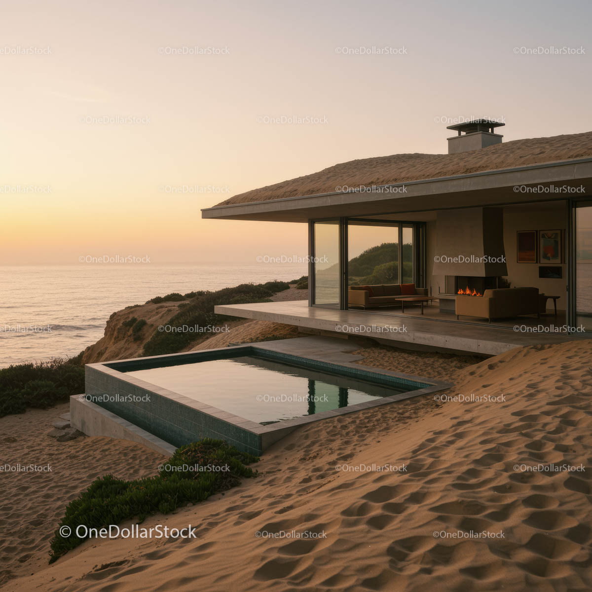 Modern Beachfront House with Infinity Pool at Sunset