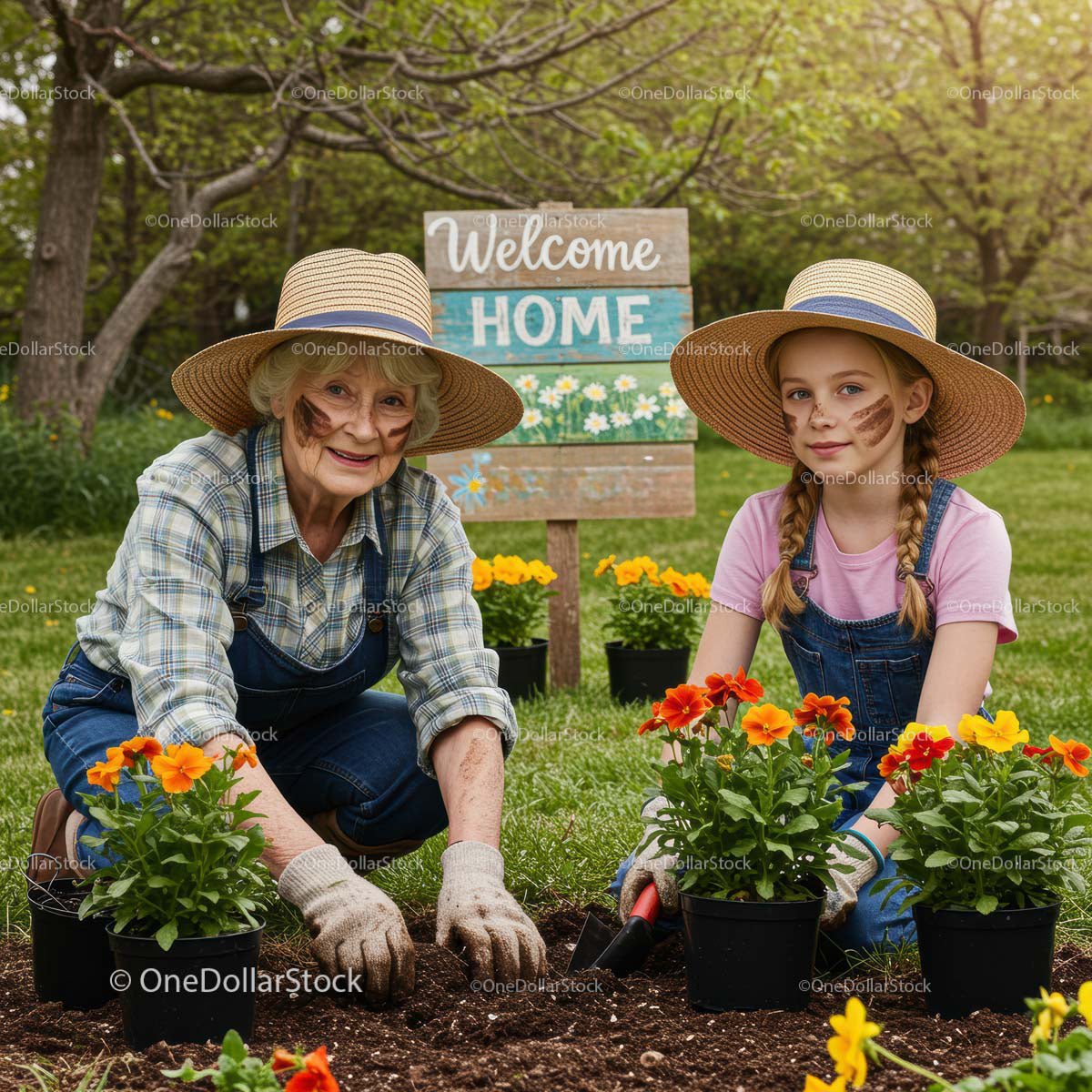 Grandmother and Granddaughter Gardening with Marigolds