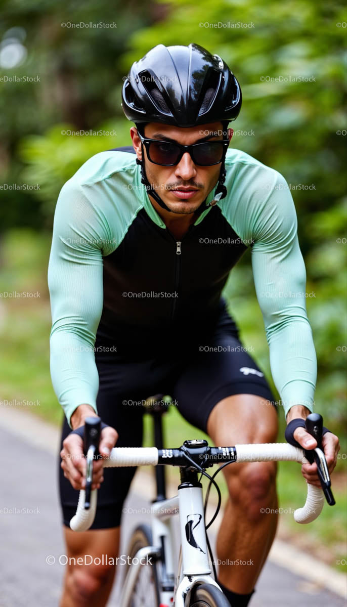 Focused Cyclist in Green Jersey Riding on a Sunny Day