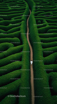Aerial View of Green Maze with Solitary Walker