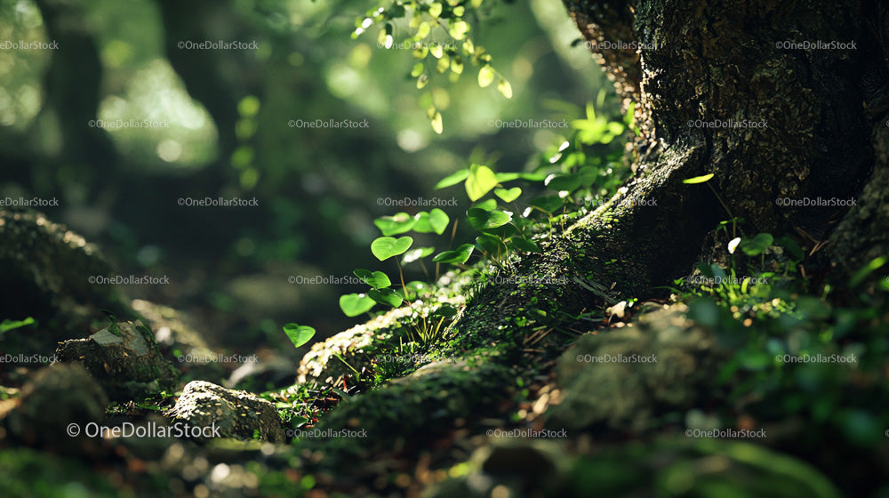 Sunlit Forest Floor with Green Leaves and Moss
