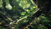 Sunlit Forest Floor with Green Leaves and Moss