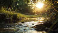 Tranquil Stream with Golden Sunlight in Lush Greenery
