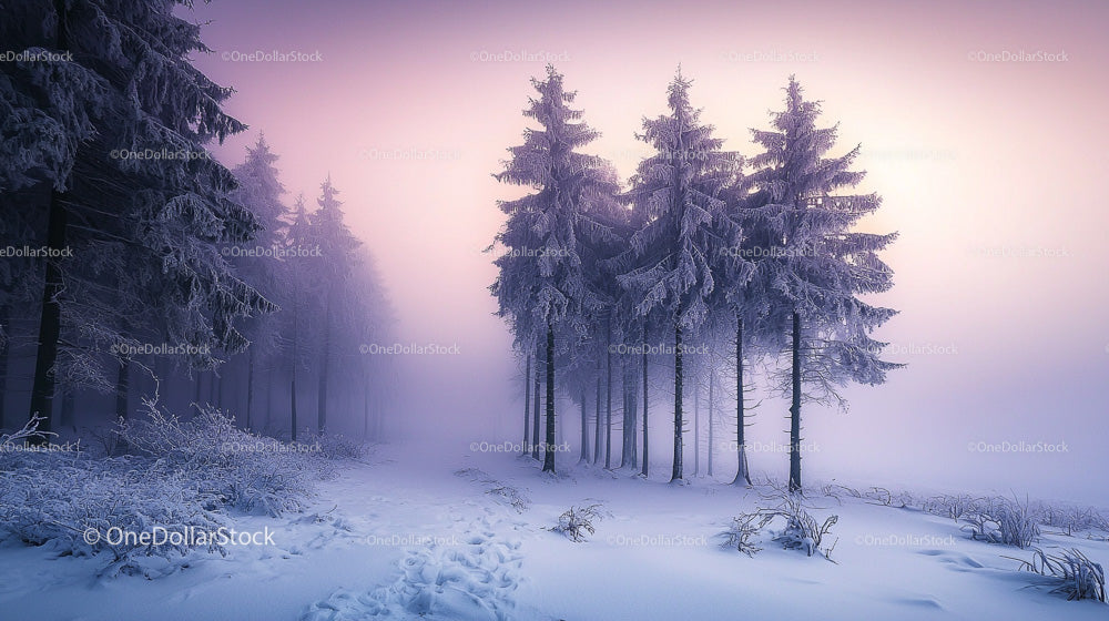Misty Winter Forest with Snow-Covered Evergreen Trees