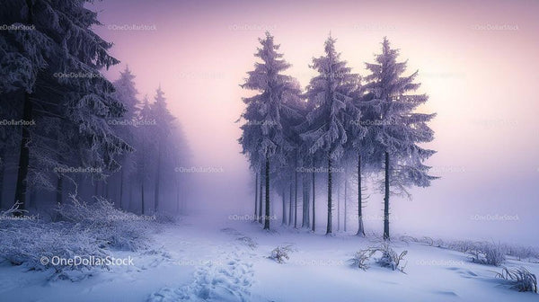 Misty Winter Forest with Snow-Covered Evergreen Trees