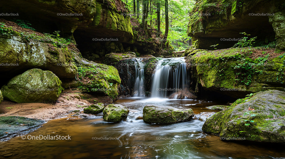 Tranquil Forest Waterfall Amidst Lush Greenery and Mossy Rocks