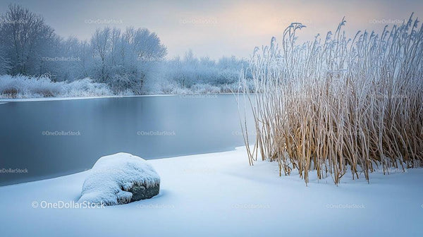 Snow-Covered Reeds by a Frosty Lake in Winter