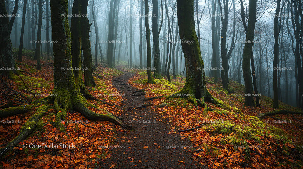 Enchanted Foggy Forest Path with Autumn Leaves