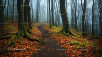Enchanted Foggy Forest Path with Autumn Leaves