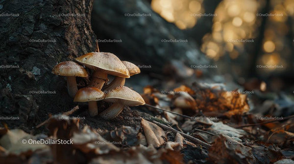 Cluster of Wild Mushrooms Growing Against Tree Base