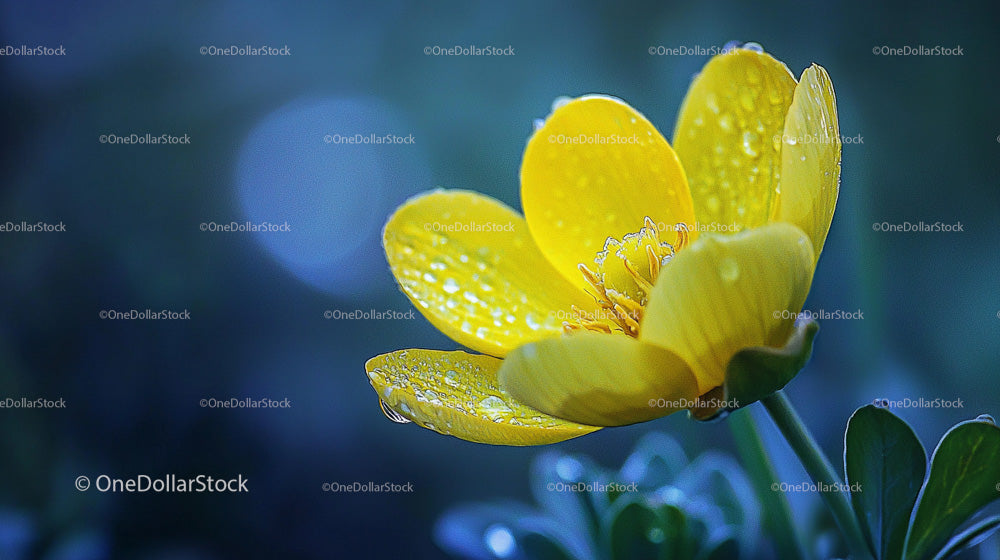 Yellow Flower with Dew Drops in Morning Light