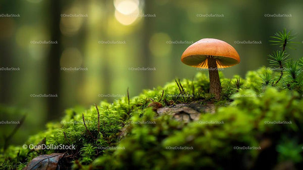 Macro Photo of Mushroom on Mossy Forest Floor
