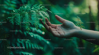 Hand Reaching Towards Fern Leaves in Lush Greenery