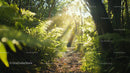 Sunlit Forest Path with Lush Ferns in Vibrant Greenery