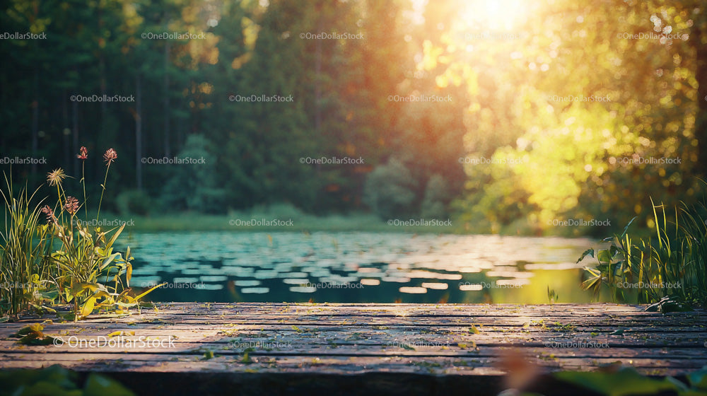 Sunlit Forest Pond with Wooden Pier and Lush Greenery