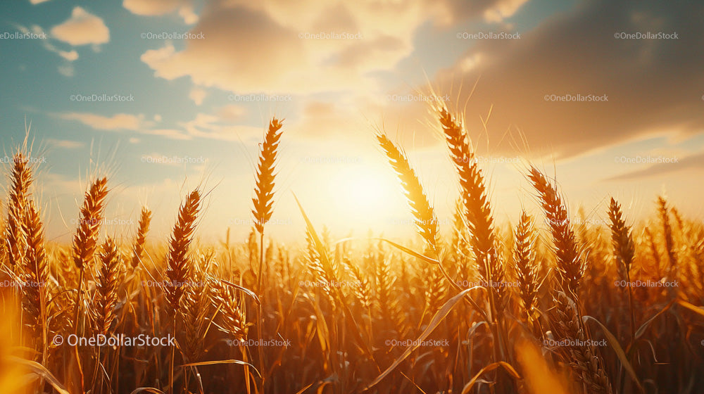 Golden Wheat Field at Sunset with Blue Sky