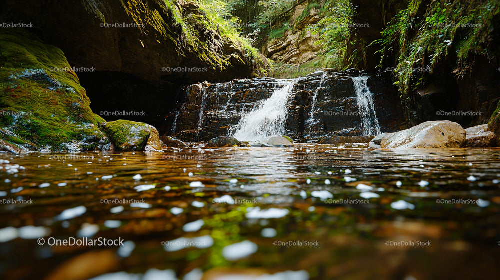 Serene Waterfall Flowing Through Lush Green Forest