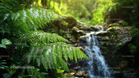 Lush Ferns and Tranquil Waterfall in Tropical Jungle