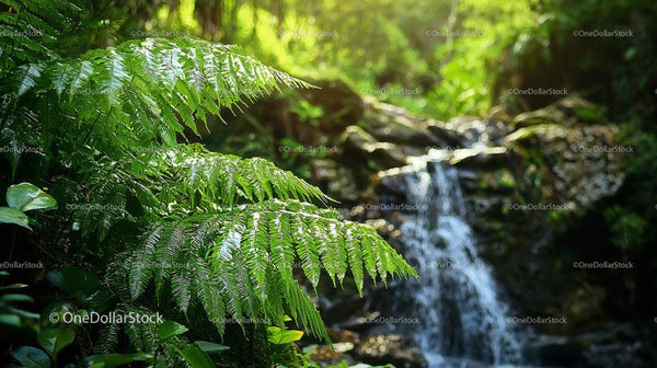 Lush Ferns and Tranquil Waterfall in Tropical Jungle