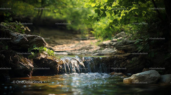 Tranquil Forest Stream with Gentle Waterfall in Lush Surroundings