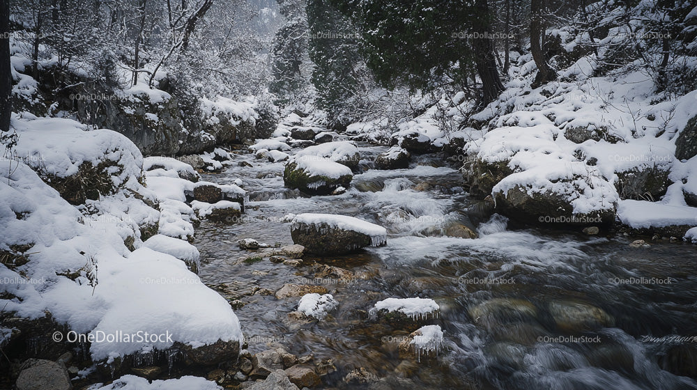 Serene Winter Stream Flowing Through Snowy Woods