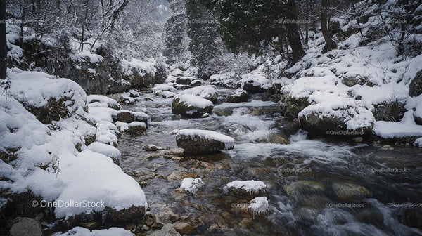 Serene Winter Stream Flowing Through Snowy Woods